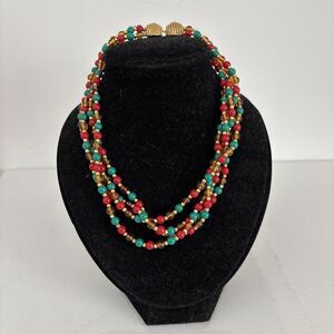 Vintage Designer Mimi Di N Necklace 1975 Choker Beaded Gold Green Red Classic